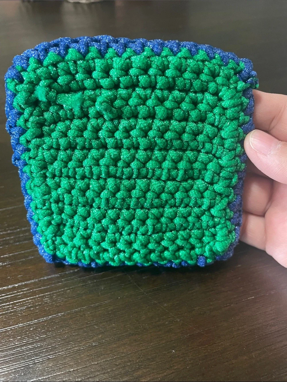 Handmade Crocheted Square Dish scrubber in Green and Blue.